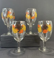 Vintage Libbey Set of 4 Autumn Oak & Maple Leaves Wine / Water Glass Stemware