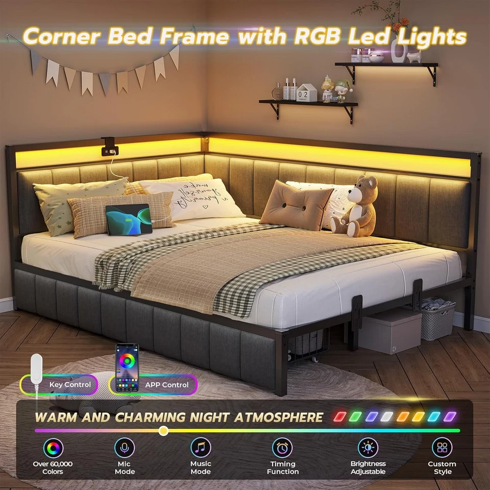 Full Size Corner Bed Frame with Drawers,Charging Station,Led Lights,Metal Daybed - Image 4 of 4