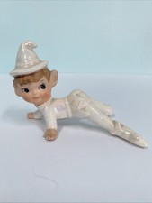 Vintage Lefton Pixie Elf Fairy Crawling Figurine 1950s White Iridescent w/ Label