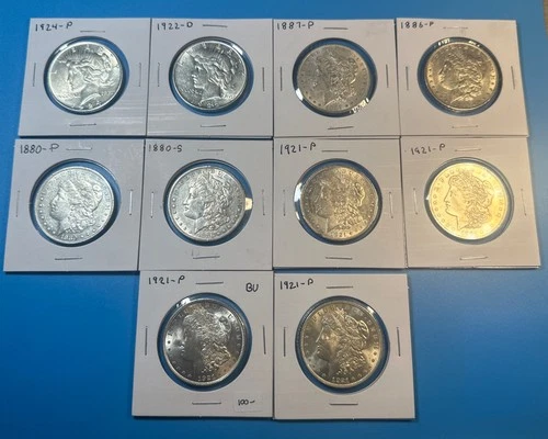 Lot of (10) AU/BU Morgan & Peace Silver Dollars, Nice Mix Of Mint Marks P S D
