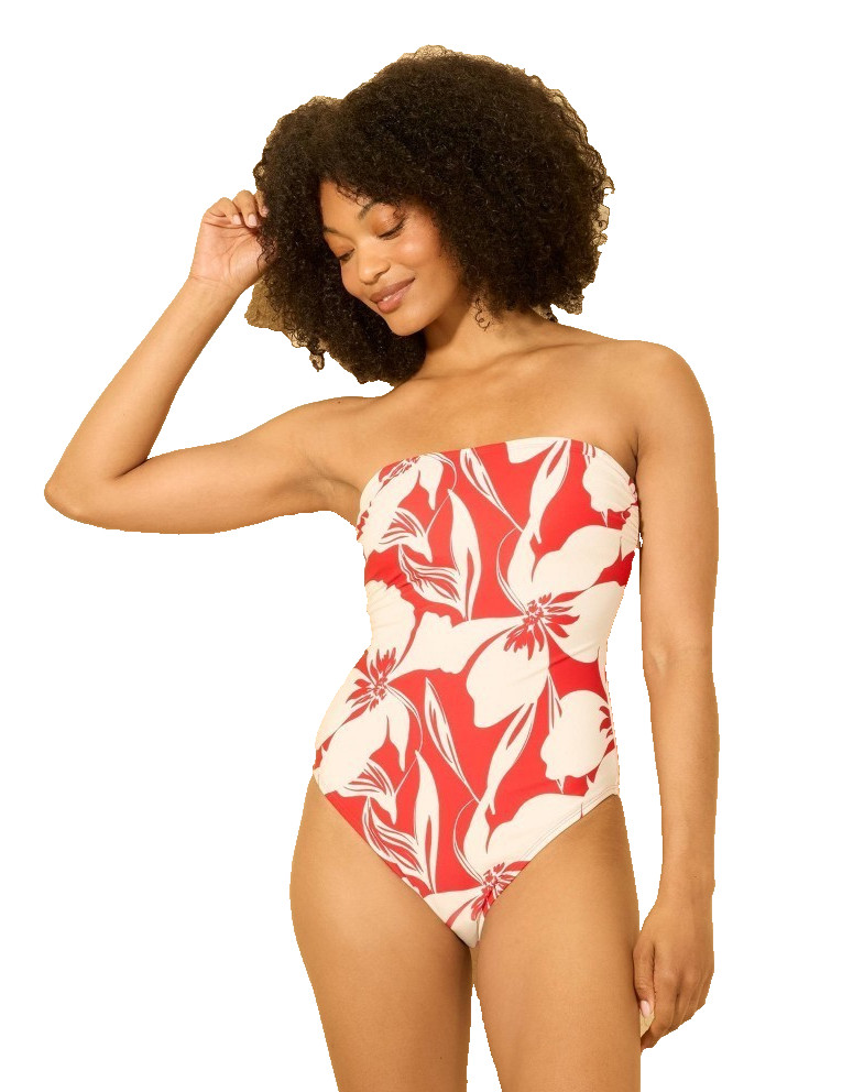 Women's Size Medium Red Floral Print Bandeau High Leg Cheeky One Piece Swimsuit