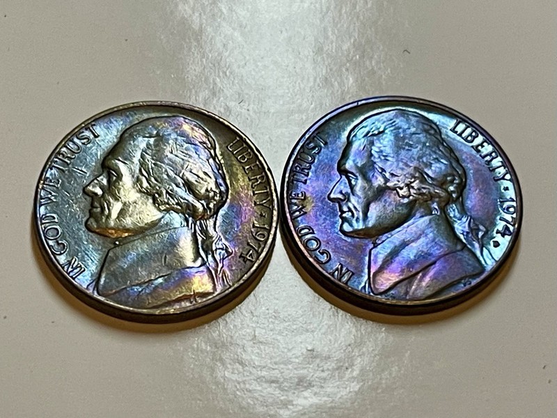 🌈 Lot of 2 RAINBOW TONED Jefferson Nickels 1974 P & D - Combined Shipping!
