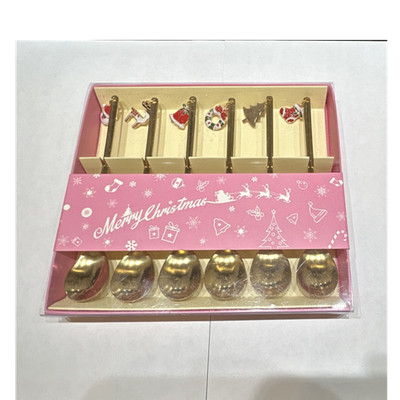 Gold Christmas-Themed Spoon Set, Decorative Handles, 6pcs, Glossy Metal