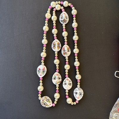 Vintage Mardi Gras 48'' Masked Face Beaded Party Necklace Purple Gold Pearl Beads