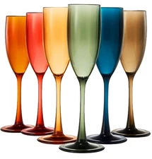 European Style Plastic Acrylic, Champagne Flutes Glasses | Set of 6 | Colored...