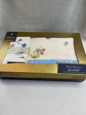 Vtg MCM Fieldcrest 'Field Flowers' Blanket - Blue Trim (72 x 90) - New