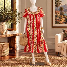 Aloha Mo'i Hawaiian Red Floral Muumuu Dress Ruffle Midi Tropical Resort Aloha
