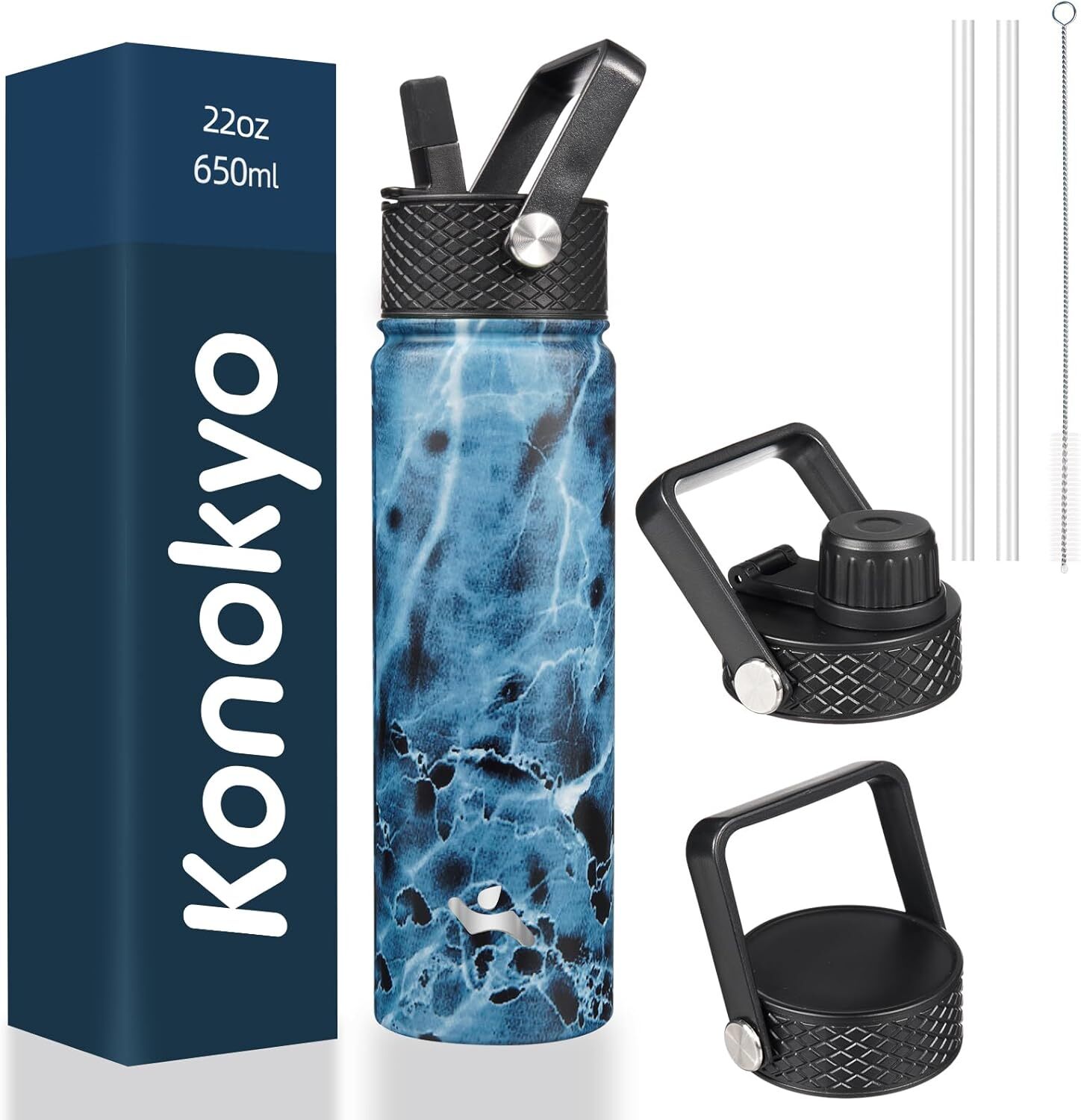 22oz Stainless Steel Water Bottle with 3 Lids - Sport Marble Ocean Design