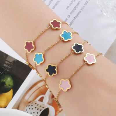 Five Leaf Clover Flower Bracelet Color Stainless Steel Gold Plated  Jewelry