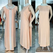 Vintage Maxi Dress S Peach Folded Train Lace Trim Draped Sheer Lined Elegant