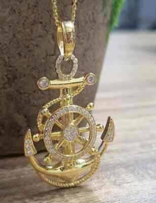 2Ct Round Lab Created Diamond Men's Anchor Charm Pendant 14k Yellow Gold Plated