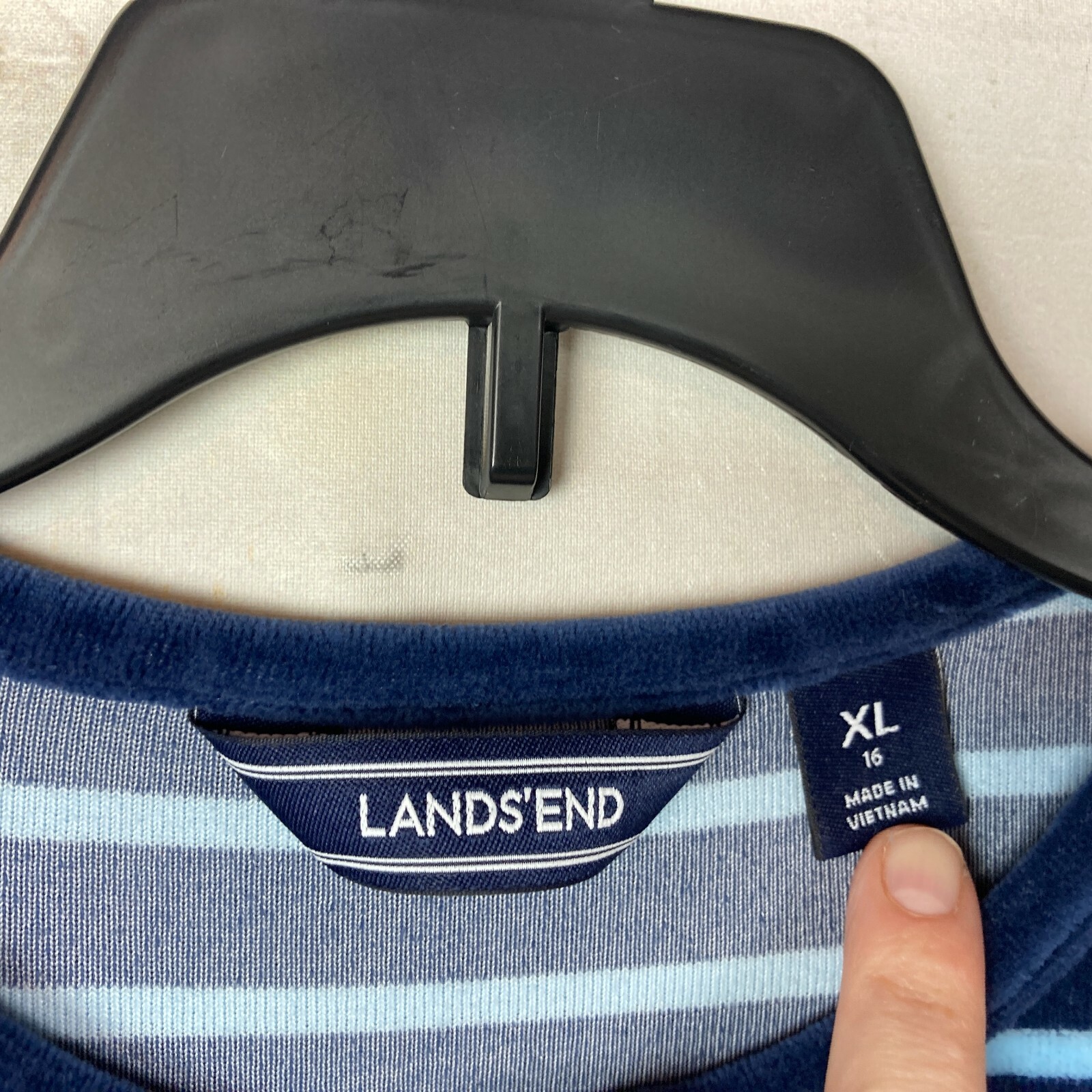 Lands End Velour Crew Neck Striped Long Sleeve Girls XL Blue Dress