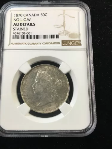 1870 No LCW, NGC Graded Canadian 50 Cent, **AU-50 Details**Stained