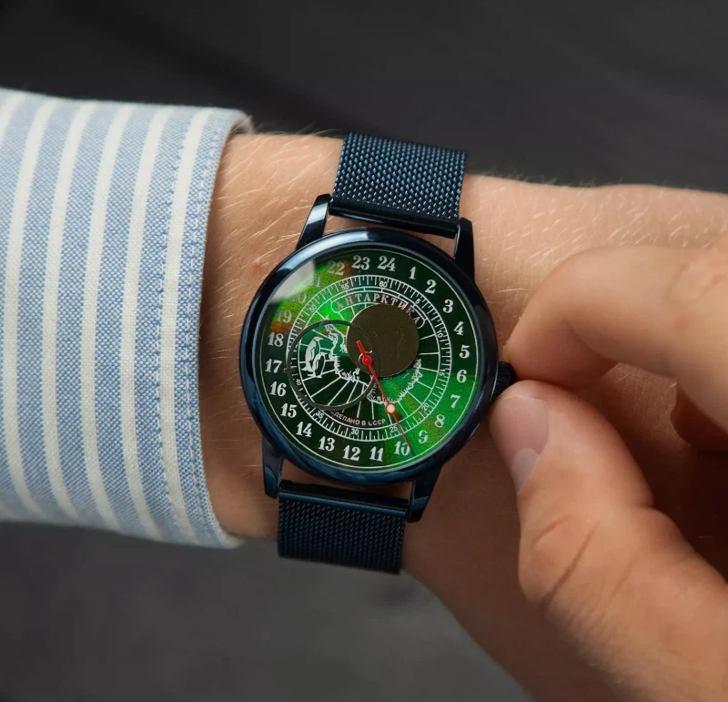 Relógio vintage foguetes 24h mecânico Antártida hora lua ponteiros pulso soviético raro - Imagem 4 de 4