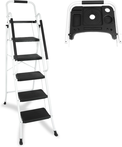 5 Step Ladder with Handrails & Tool Tray Platform, Portable Steel Ladder for Kit