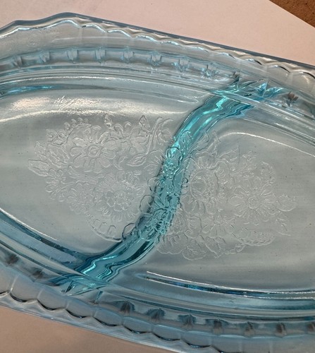 Blue Hocking Depression Glass Mayfair Open Rose Divided Section Celery Dish - Picture 3 of 6