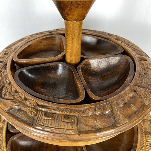Vintage MCM 3 Tiered Lazy Susan Server Hand Carved Pineapple Monkey Pod Tiki - Picture 3 of 12