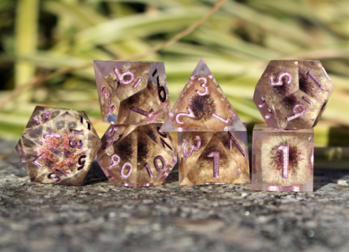 Galactic Necrotic Flower - Handmade Resin 7 Piece DND RPG 5e Sharp Edge Dice Set - Picture 1 of 9