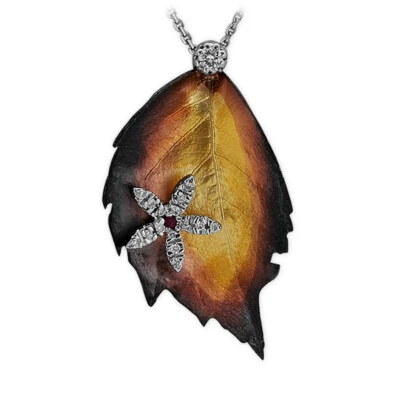 Damenkette Herbstblatt Diamant Anhänger aus 585/-14 Karat Weiß/Gelbgold - Bild 1 von 2