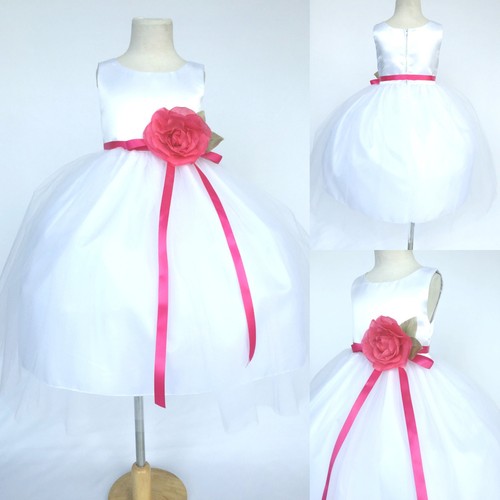 White Satin Tulle Dress Easter Wedding Flower Girl Bridesmaid Graduation Pageant - Picture 12 of 96