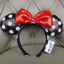 Disney Parks Minnie Mouse Sequined Black White Polka Dot Red Bow Ears Headband