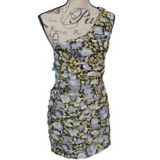 NWT Zara One Shoulder Floral Purple Gold Metallic Mini Dress Size L