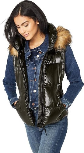 S13 New York Snowcat Natural Faux Fur Trim Hooded Down Puffer Vest Jet/Natural - Picture 3 of 28