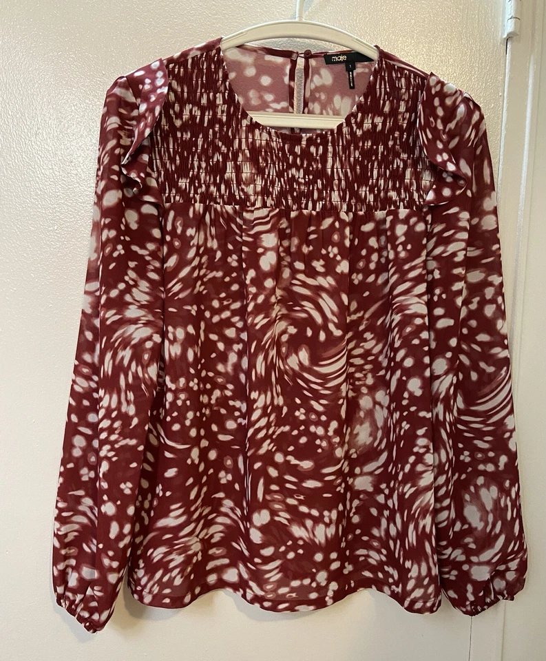 Maje women's Lipone  swirling dot smocked long sleeve blouse Sz 1/US S - Image 2 of 4