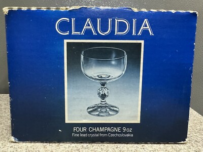 4 Claudia Bohemia Crystal 9 oz Champagne Glasses Made in Czechoslovakia Vtg New!