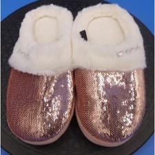 Slippers Big Girls Siz M 13/1 bebe Girls Glitter with Faux Fur Pink Sequin White