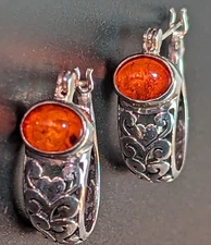 Vintage Designer Boma Amber Sterling Silver Earrings Fancy Heart Design Hoops