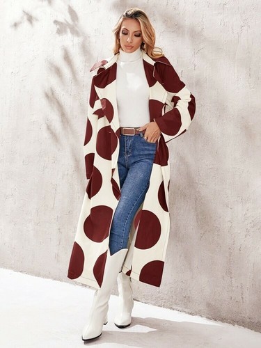 Lovely White Burgundy Large Polka Dot Belted Pockets Long Loose Trench Coat ML - Picture 7 of 12
