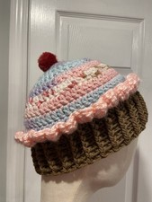 Handmade Crochet Rainbow Vanilla Cupcake Beanie Winter Hat Cozy Comfy Warm