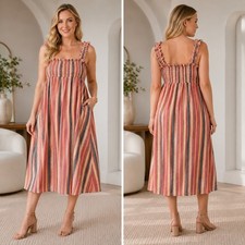 Womens L Multicolor Striped Smocked Ruffle Midi Dress Boho Summer