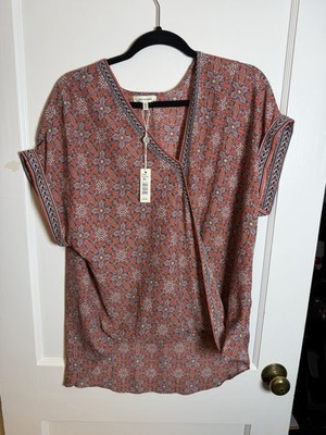 Max Studio Red Paisley Chiffon Polyester Short Sleeve V-Neck Blouse XL 8705D39