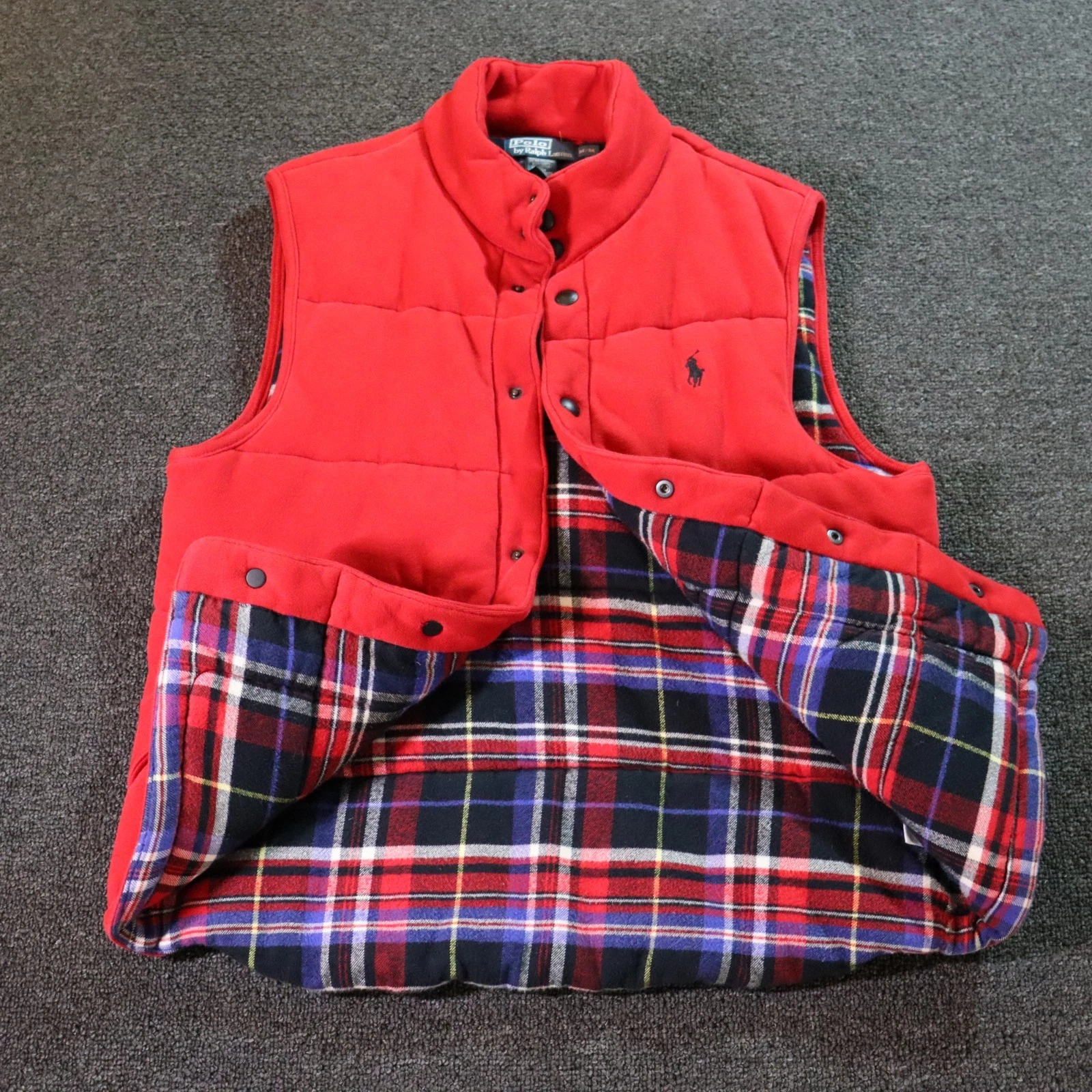 Polo Ralph Lauren Mens Medium Red Down Puffer Vest Tartan Plaid Lined Vintage