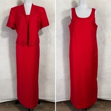 Vintage 90s Jessica Howard Red Maxi Dress Jacket Set Size 14 Linen Blend 2 Piece