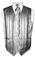 Men's Dress Vest  NeckTie SILVER GREY Color Woven Striped Design Neck Tie Set