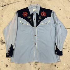 Vintage 50s 60s C Bar B Rayon Embroidered Western Button Up Shirt Mens Medium