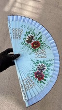 Vintage Spanish Style Hand Painted Florals Blue Lacquered Elegant Abanico Fan