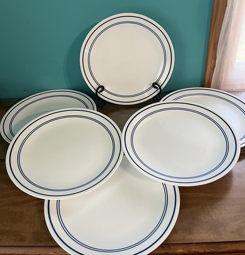 Corelle Classic Cafe Blue Stripe 10" Dinner Plates, Set of 6, A-27 - Picture 3 of 7