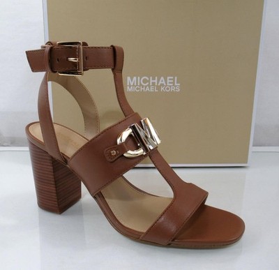 Michael Kors Izzy T-Strap Sandal Embellished Leather Luggage Brown Size 7