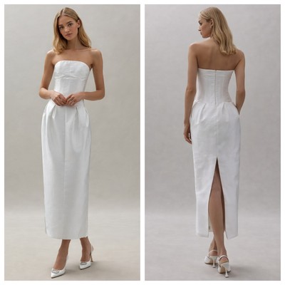 Mare Mare Anthropologie Strapless White Corset Midi Dress XS Modern Bridal Slit