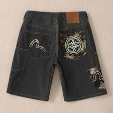 EVISU Women's Indigo-Washed Denim Shorts Embroidered Design, 12-Inch Length