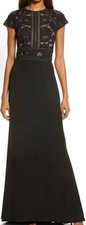 NWT Tadashi Shoji Lace  Crepe A-Line Gown In Black/ Nude Sz 4 358