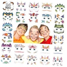 24 Styles Face Temporary Tattoos for Kids, Dinosaur Fake Tattoo Stickers for