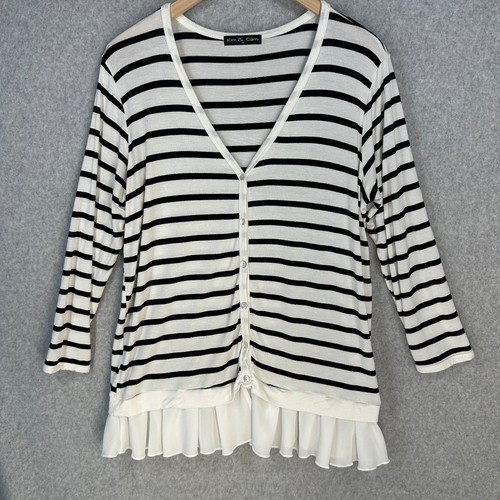 Kim & Cami Womens Blouse Black White Stripe 1X Button Front Top Ruffle Hemline - Picture 1 of 10