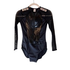Weissman Black Mesh Rhinestone Embellished Long Sleeve Leotard Dance Costume