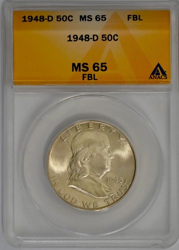 1948 D Franklin Silver Half Dollar 50C Grade ANACS MS65FBL