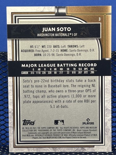 2021 Topps Museum Collection JUAN SOTO Washington Nationals Base 3 - Picture 2 of 2
